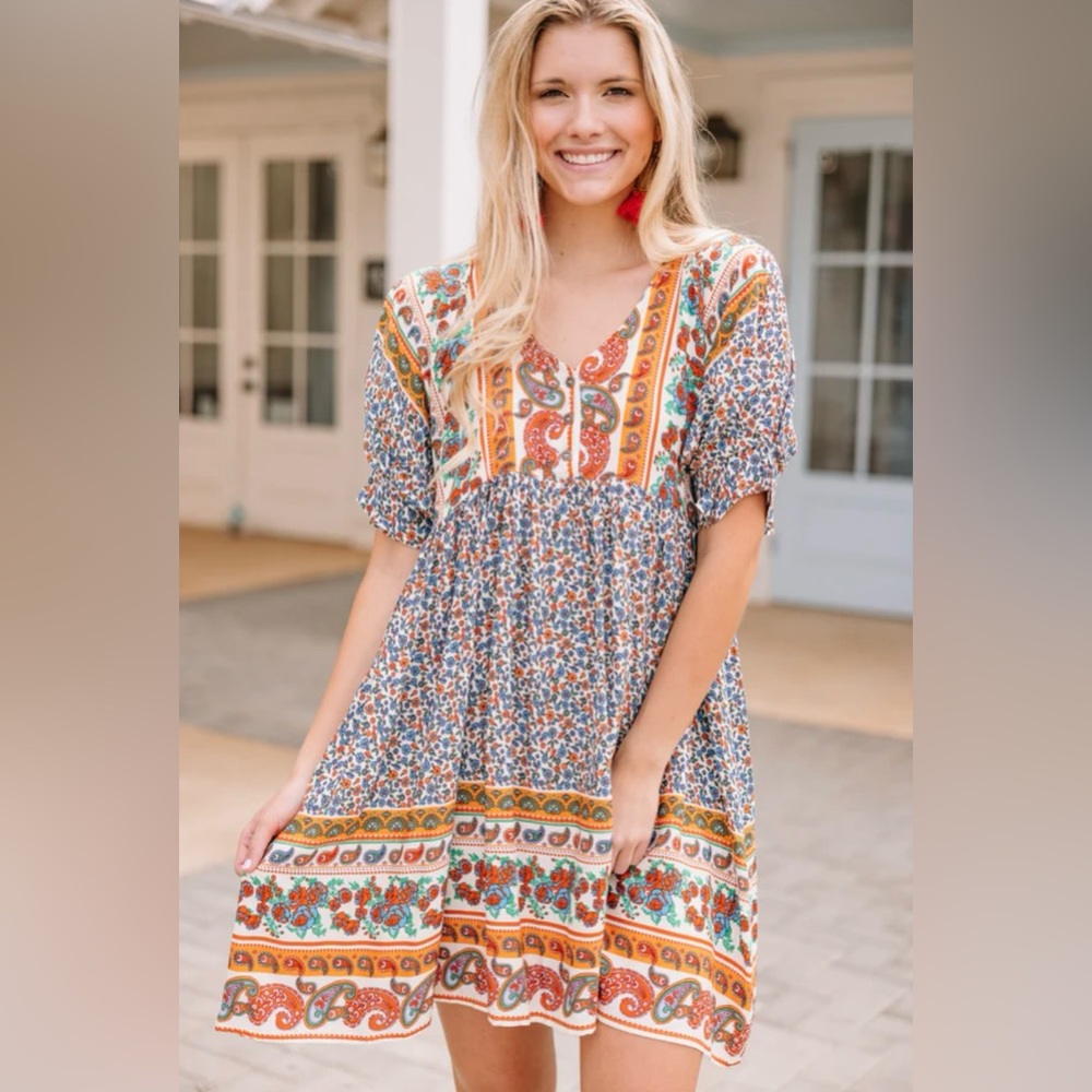 Umgee Floral Paisley Mini Dress in Blue, Orange, Red
